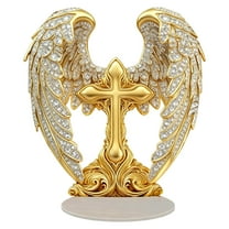 2D Angel Wings Cross Decoration Finely Detailed Acrylic Sacred Bohemian Tabletop Decor Elegant Wings Wrap Around The Cross Ideal for Living Room, Prayer Space 7.5*8.3 In-Gold
