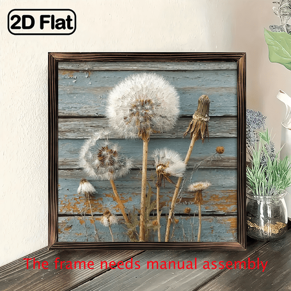 A 2D Artwork Featuring a Dandelion Decoration in an Old Wooden Frame - 20X20 cm Vintage Farmhouse Decor, Wooden Wall Art - Suitable for Home, Kitchen, Living Room, Desk, Bathroom