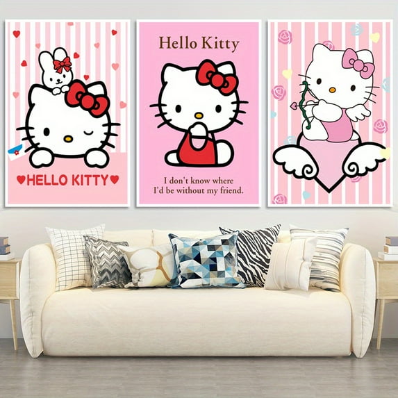 2D Authorized - 3pcs Hello Kitty Sanrio Adorable Cartoon Artwork for Bedroom Wall Decor, Unframed Print.