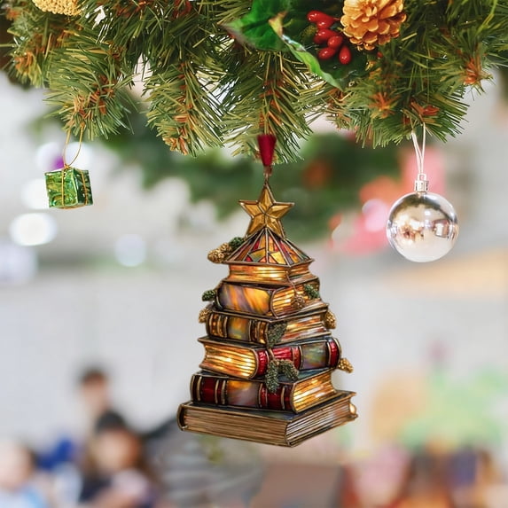 2D Book Christmas Ornament, Mini Multicolor Plastic Hanging Decor, Literary Themed Xmas Tree Ornament & Book Lover Gift