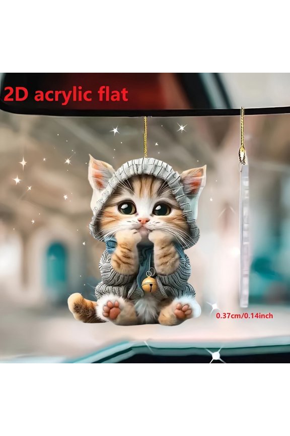 2D Cartoon Cat Acrylic Car Rearview Mirror Hanger, Cute Kitten With Hoodie And Bell Design, For Car Interior Decoration, Home Decor