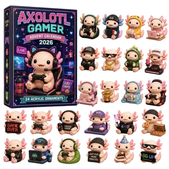 2D Christmas Axolotl Gamer Advent Calendar 24-Day Countdown Blind Box with Acrylic Axolotl Hanging Ornaments for Xmas Tree Home Decor(Dark Purple-26x18cm)