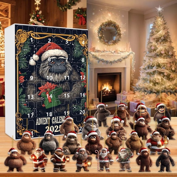 2D Christmas Bigfoot Advent Calendar Set, 24-Piece Acrylic Ornament Gift Box, Holiday Countdown Surprise (A)