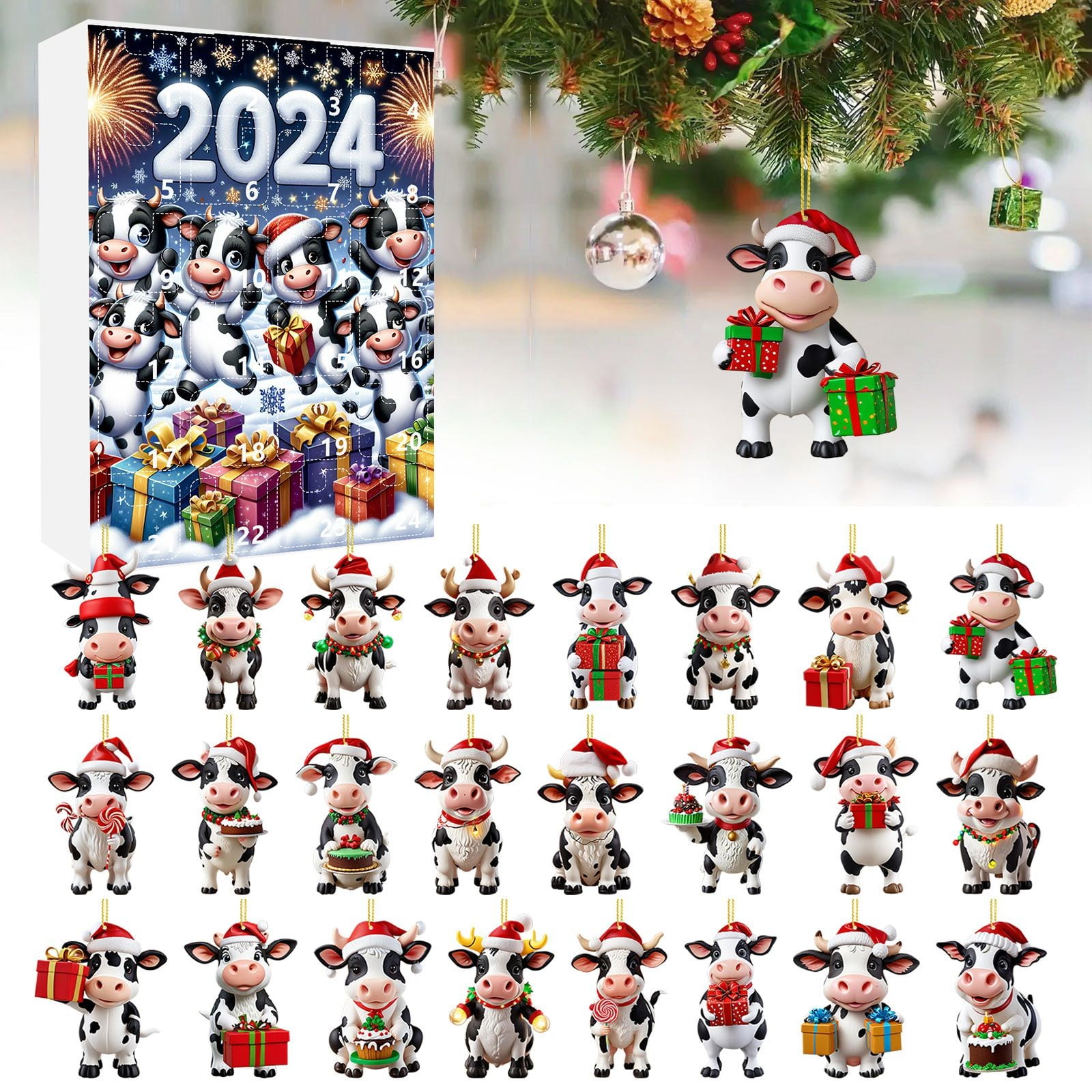 2D Christmas Cow Home Ornaments 2024 Christmas Holiday Advent Calendar