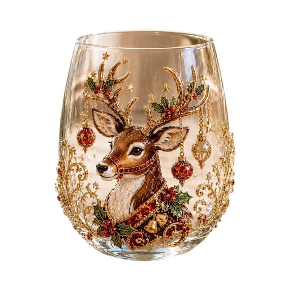 2D Christmas Glass Art Cup Santa Decor Drinking Glass Cup Snowman Stemless Wine Glasses Holiday Glassware for Coffee, Tea, Juice, Milk, Xmas Party Home Festive Decor Gifts (C)