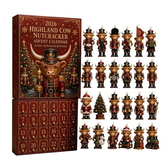 2D Christmas Highland Cow Nutcracker Advent Calendar 24-Day Countdown Blind Box with Acrylic Highland Cow Hanging Ornaments for Xmas Tree Home Decor(Red-26X18cm)