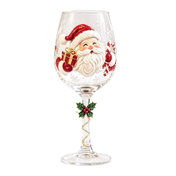 2D Christmas Holly Berry Stemmed Wine Glass Clear Handled Drinking Cup Red Decor For Holiday Birthday Party Beverage Serveware