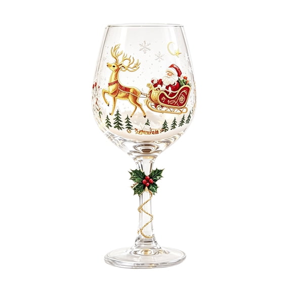2D Christmas Holly Berry Stemmed Wine Glass Clear Handled Drinking Cup Red Decor For Holiday Birthday Party Beverage Serveware