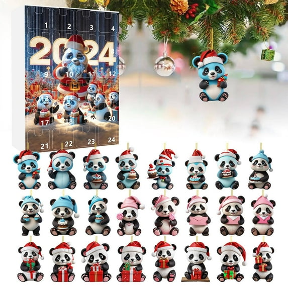 2D Christmas Home Panda Ornaments Featuring Santa Hat for 2024 Holiday Advent Calendar Tree Decorations Countdown Set