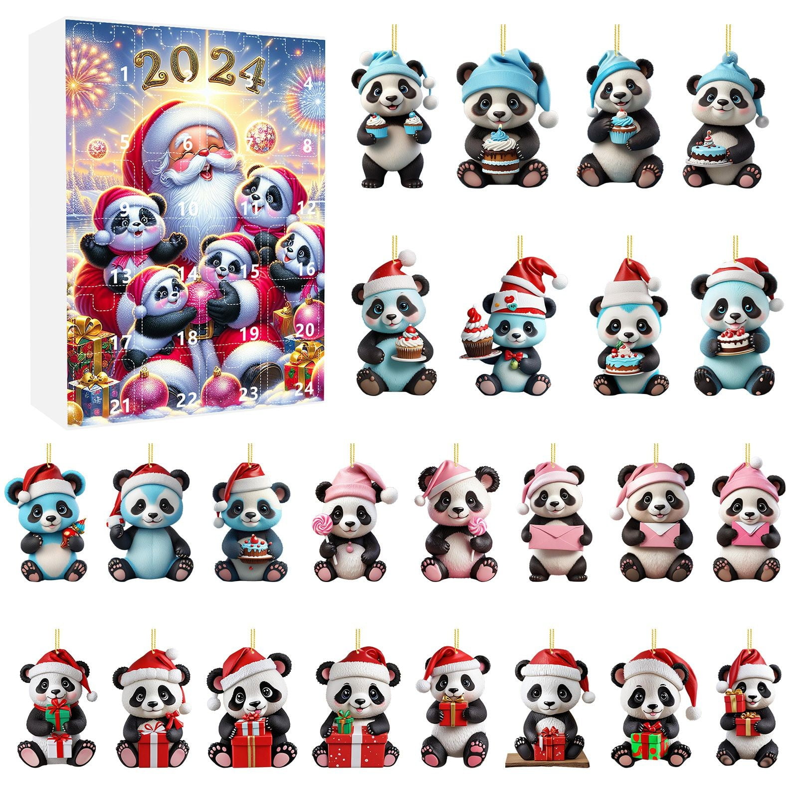 2D Christmas Home Panda Ornaments With Santa Hat 2024 Christmas Holiday