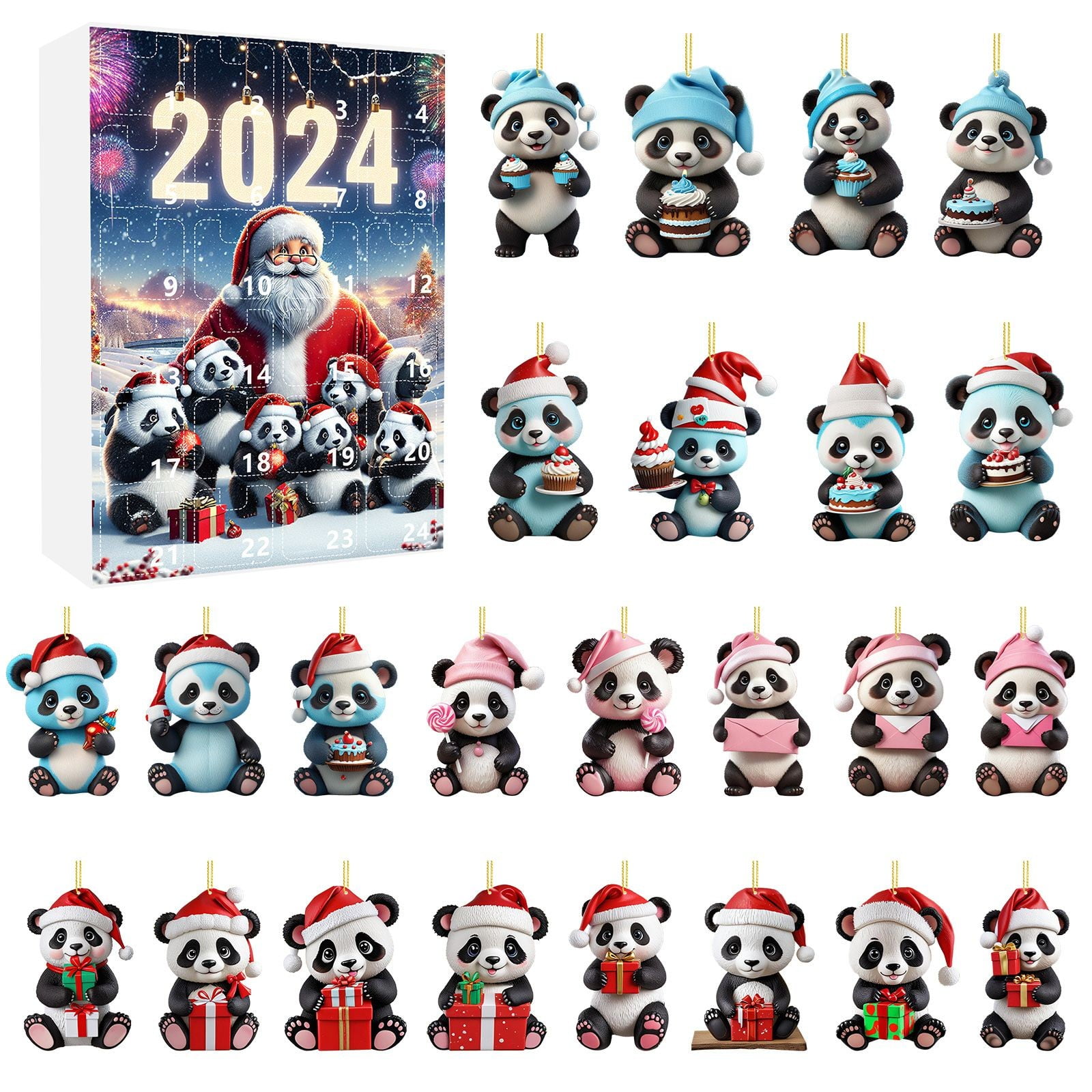 2D Christmas Home Panda Ornaments With Santa Hat 2024 Christmas Holiday