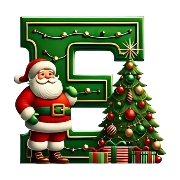 2D Christmas Letter E Decoration with Santa Claus and Tree, Festive Holiday Display Accent for Shelves and Table