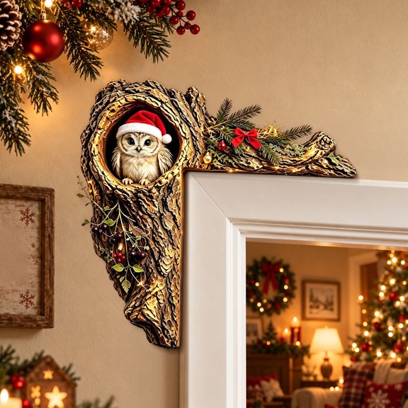 2D Christmas Owl Door Frame Corner Resin Ornament, Tree Trunk Animal Sculpture with Santa Hat for Home Decor
