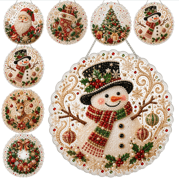 2D Christmas Pearl Art DIY Hanging Kit, Vintage Scalloped Edge Transparent Acrylic Christmas Pearl Mosaic Hanging Pendant, Novelty Holiday Handmade Gift E