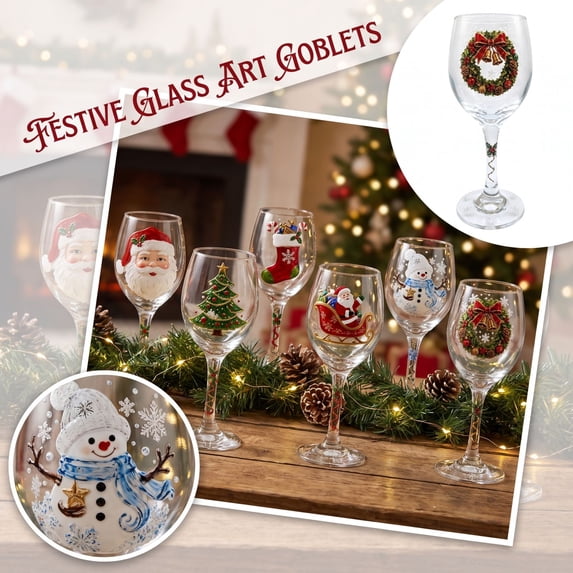 2D Christmas Raised Holiday Glassware Set, Handcrafted Stemmed Goblet with 2D Christmas Patterns, Multipurpose Cup for Coffee, Tea, Juice, Elegant Christmas Party Table Decor
