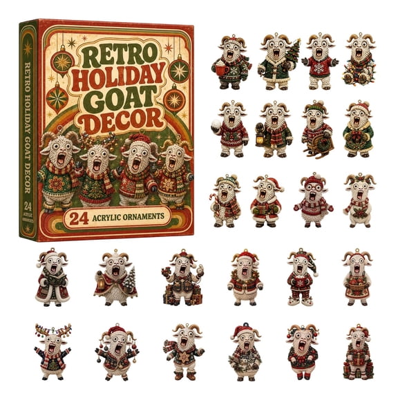 2D Christmas Retro Goat Advent Calendar 24-Day Countdown Blind Box with Acrylic Screaming Goat Hanging Ornaments for Xmas Tree Home Decor(Gold-26x18cm)