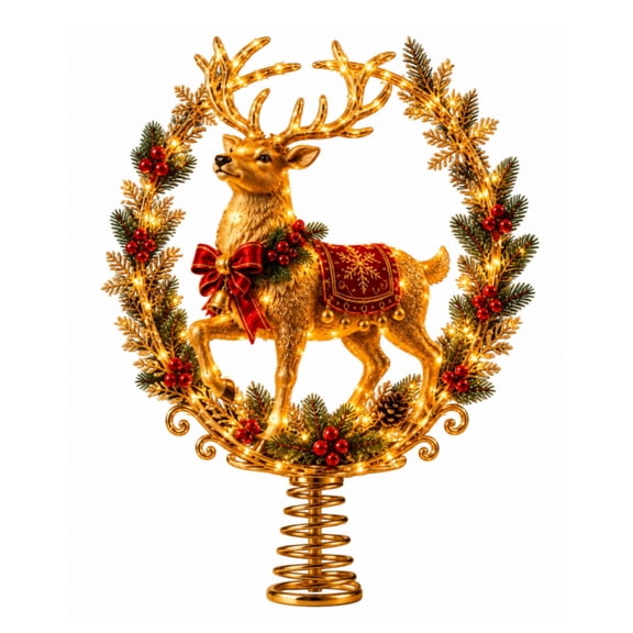 2D Christmas Tree Topper Deer and Wreath Design Flat Acrylic Star Xmas Tree Top Decoration