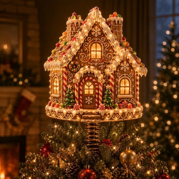 2D Christmas Tree Topper Gingerbread House 8" Iron Decoration for Holiday Home