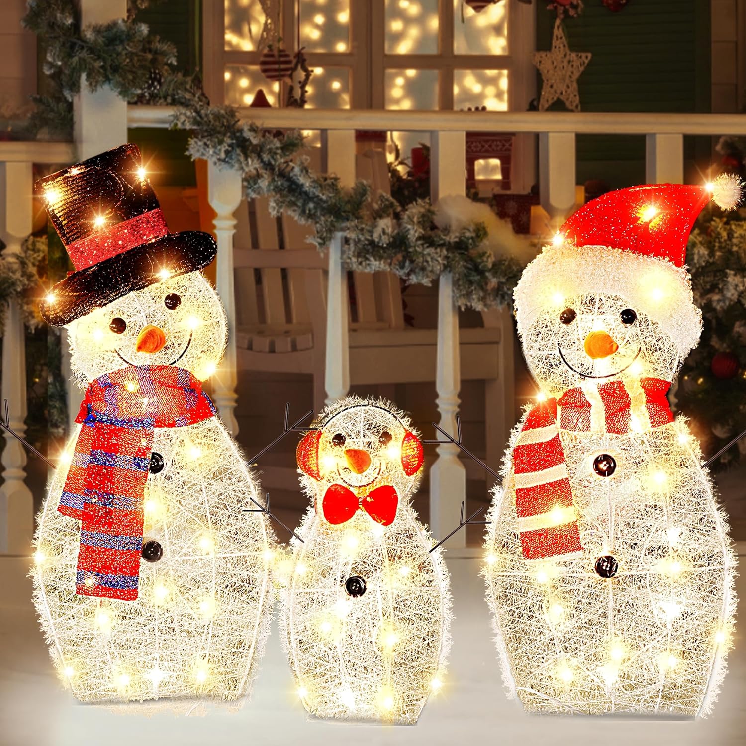 2D Christmas Yard Decoration, Set of 3 Prelit Snowmen with 60 LEDs