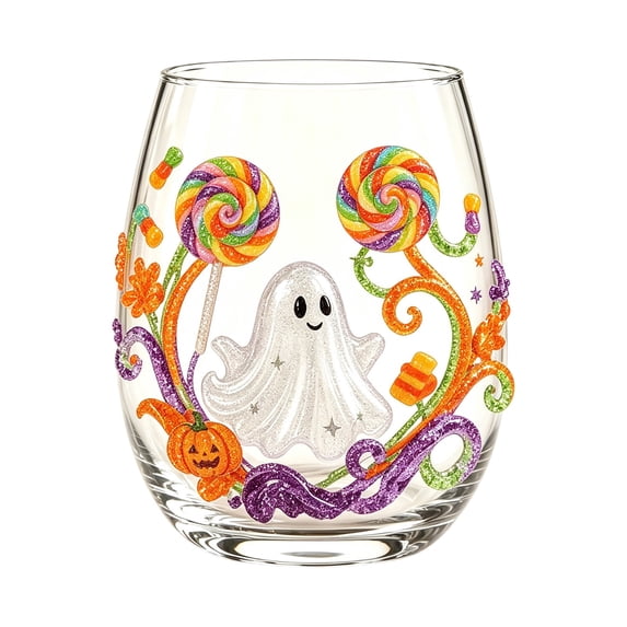 2D Clear Thick Glass Tumbler with Glitter Cute Ghost Rainbow Lollipop Candy Pumpkin Pattern, Fall Halloween Drinking Cup for Home Bar Party Decor Gift 10.7x6.9cm