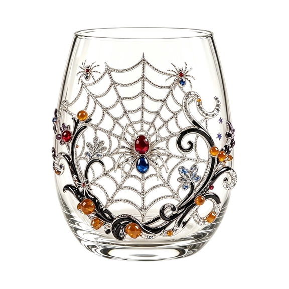 2D Clear Thick Glass Tumbler with Rhinestone Spider Web Gem Spider Pattern, Gothic Halloween Decorative Drinking Cup for Home Bar Party Holiday Gift 10.7x6.9cm