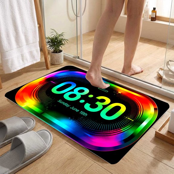 2D Colorful Neon Glow Digital Clock Decor Floor Mat, Entryway Bedroom Bathroom Fashion Accent Rug, Thanksgiving Christmas Gift