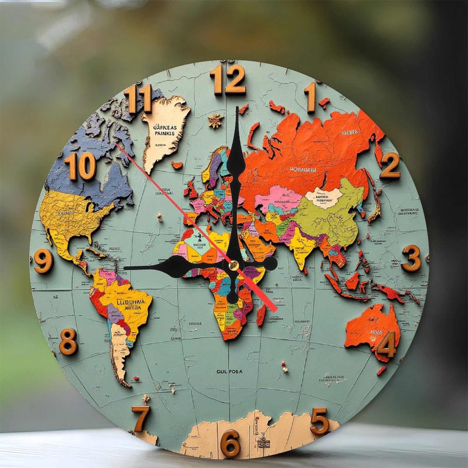 2D Colorful World Map Wall Clock with Numbers 10-Inch Silent Wooden ...