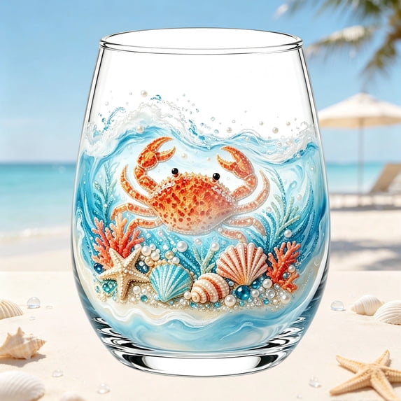 2D Crab Stemless Wine Glasses, Handcrafted Marine Animal Bar Glass for Coastal Home Decor Ocean Lovers