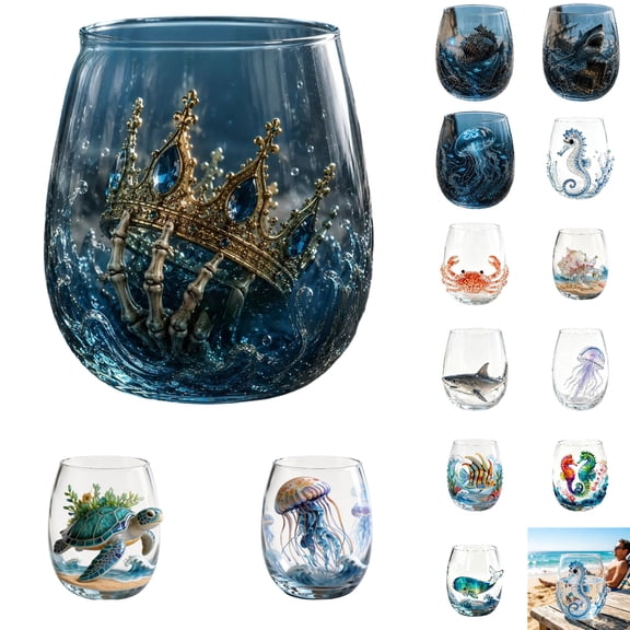 2D Crown Ocean Sea Glass Cup,2026 Coastal Cocktail Drinking Glasses Glassware for Wine, Bourbon, Juice,Coffee, Nautical Beverage Glass Gifts for Home Bar Decor