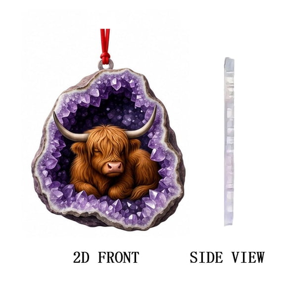 2D Crystal Geode Animal Christmas Ornament, Highland Cow in Purple Geode, Flat Printed Acrylic Crystal Cave Art with Hanging Ribbon for Christmas Tree, Wreath and Winter Decor