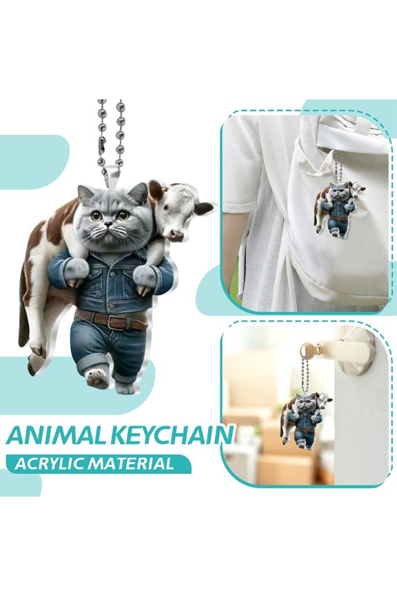 2D Cute Acrylic Car Pendant Keychain Cartoon Cat Riding Cow Flat Ornament with Random Chain for Rearview Mirror Backpack Gift Party Favor