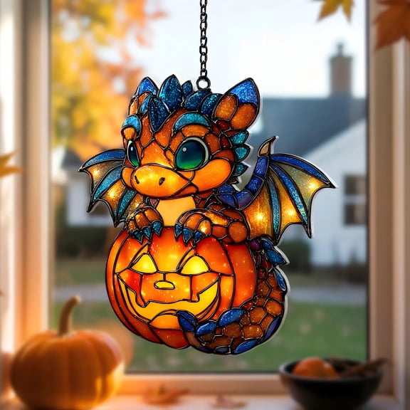 2D Cute Black Dragon Pumpkin Halloween Suncatcher Stained Window Hanging Perfect Halloween and Garden Decor Gift for Lovers Sun Catchers Windows Indoor Decorations Outdoor
