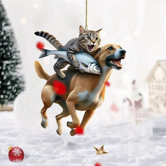 2D Cute Cartoon Acrylic Pendant Keychain With Cat Riding Dog And Fish Design For Rearview Mirror Car Decoration, Acrylic Material Clear Printing Exquisite