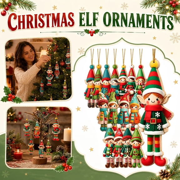 2D Cute Christmas Elf Tree Ornaments Hanging Holiday Pendant Set 16 Pcs Wooden Flat Elf Figure Decorations for Seasonal Tree Display