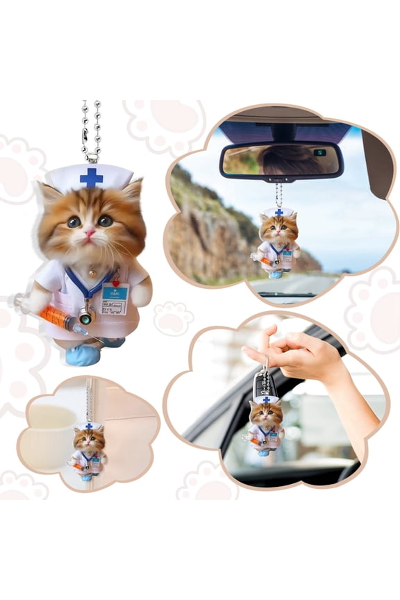 2D Cute Nurse Cat Acrylic Flat Rearview Mirror Pendant Keychain, Flat 2D Design Car Accessory With Random Chain, Whimsical Decorative Hanging Ornament For Teens And Cat/Nurse