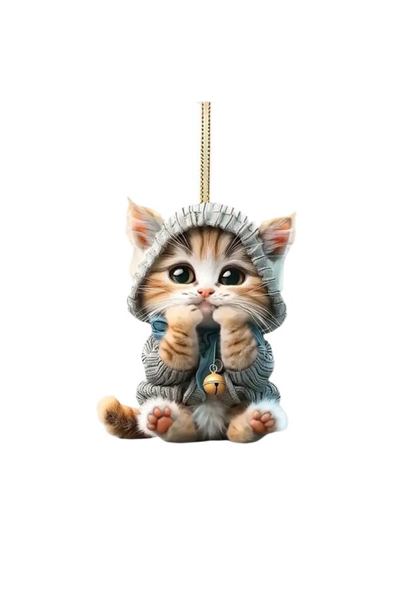 2D Cute Wearing Cat Car Rearview Mirror Hanging Ornament Cat Charm Keychains Christmas Tree Hanging Accessories Keyring Backpack Decor, 1Pcs