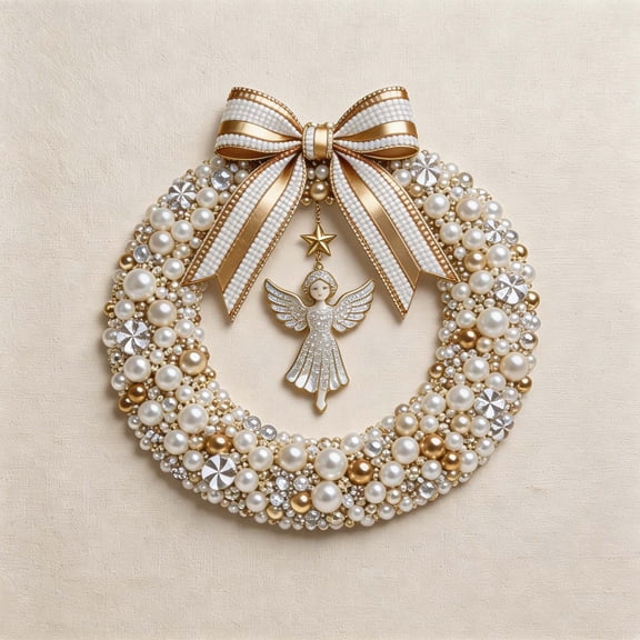 2D DIY Christmas Pearl Wreath Making Kit - 7.9in Elegant Angel Theme Craft Kit for Home Wall Decor & Holiday Gift