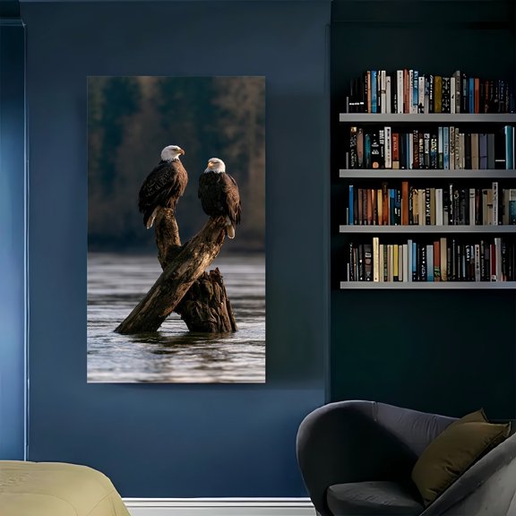 2D Diamond Painting Wall Art 4080cm Unframed, Pair of Bald Eagles Perched on Weathered Tree Stump in River, Majestic Wildlife Diamond Art Picture for Home Wall Decor