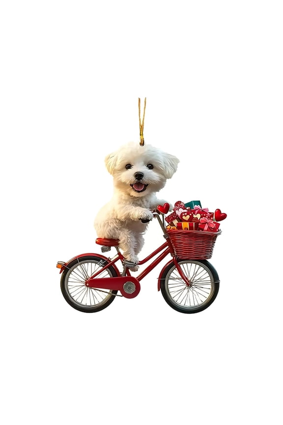 2D Dog Acrylic Backpack Keychain, Flat Acrylic Design with Bike & Gift Basket Accent, for Backpacks Bags Keys Luggage Daily Decor - 2D Puppy Acrylic Accessory with Bicycle & Red Gift Details, for Stu