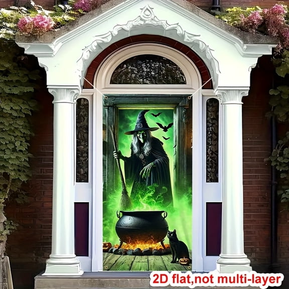 2D Door Banner, Halloween Witch & Black Cat Door Banner - Spooky Green Glow-in-the-Dark Design with Cauldron & Bats, Durable Polyester for Indoor/Outdoor Use, Perfect for Entryway, Patio, Garden