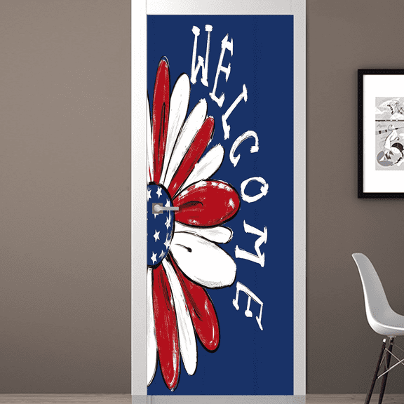 2D Door Sticker, 1pc American Vintage Welcome Door Banner with Patriotic Stars & Sunflower Design - Washable Reusable Polyester Fabric, 30.3*78.7 Inch All-Season Holiday Decor for Living Room Bedroom