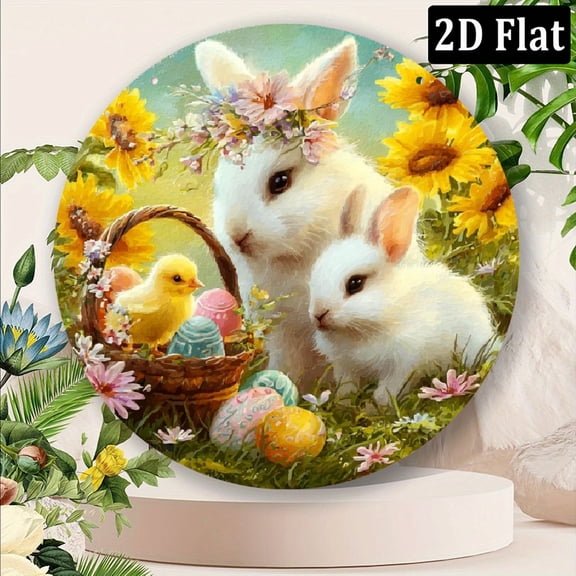 2D Easter Bunny 8Inch Round Metal Wall Plaque - High-Quality, Durable Iron, Waterproof Rustproof, Perfect for Indoor Outdoor Home, Office, Garden, or Porch Decor, Ideal Gift for Easter