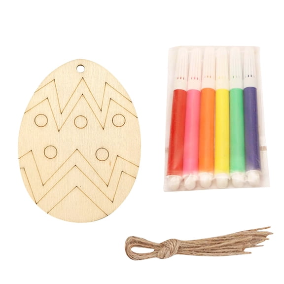 2D Easter Creative Cards 10Pcs Hand-Drawn 2026 — 3 2D Flat Wooden Egg 10Pcs + Rope + 6-Color Watercolor Pen Set
