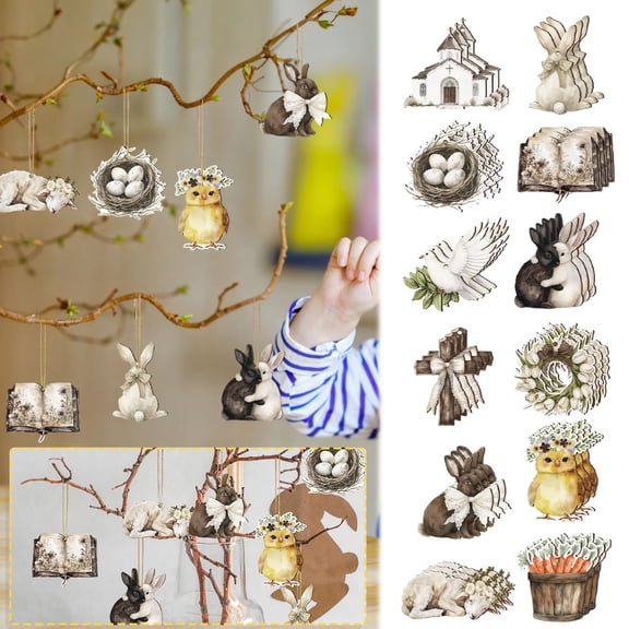 2D Easter Decorative Wooden Rabbit Pendant, 36X Easter Themed 2D Wooden Hanging Ornament, Designed For Family Parties And Festive Decorations