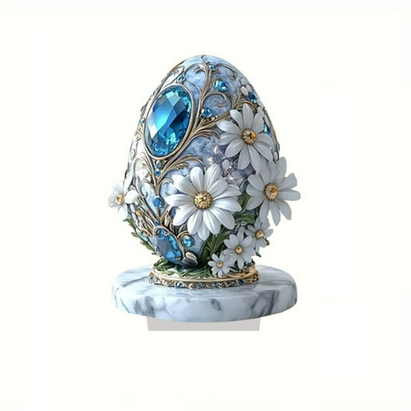 2D Easter Egg & Bunny Acrylic Figurine - Floral Gem Accents, Marble Base Tabletop Decor