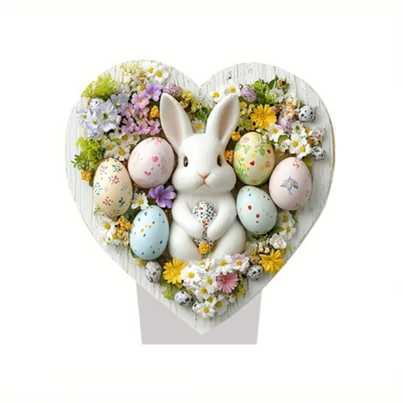 2D Easter Egg & Bunny Acrylic Figurine - Floral Gem Accents, Marble Base Tabletop Decor