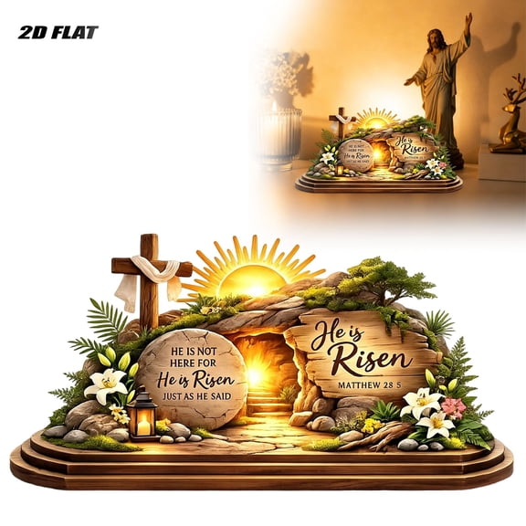 2D Easter Resurrection Scene Wooden Ornament, "He Is Risen" Hollow Desktop Decor, Religious Tabletop Display for Home, , and Sunday School