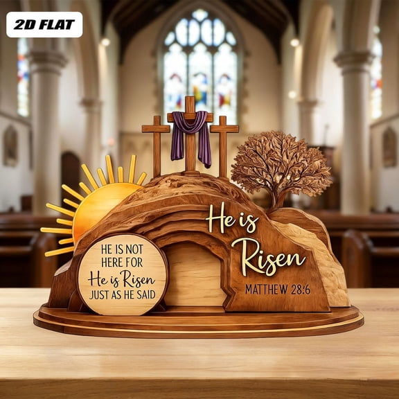2D Easter Resurrection Scene Wooden Ornament, "He Is Risen" Hollow Desktop Decor, Religious Tabletop Display for Home, , and Sunday School