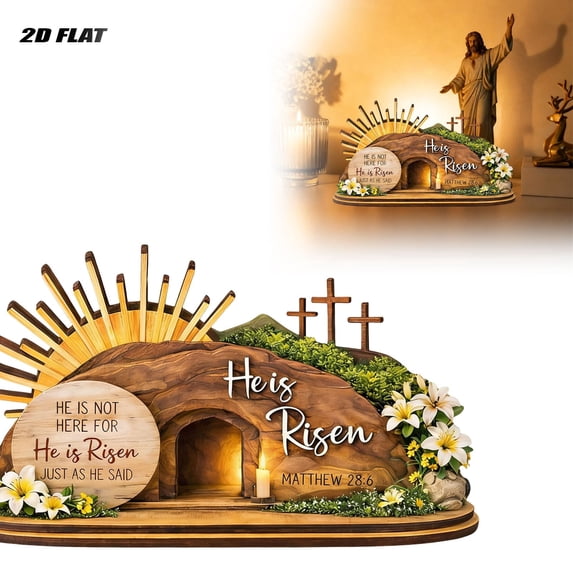 2D Easter Resurrection Scene Wooden Ornament, "He Is Risen" Hollow Desktop Decor, Religious Tabletop Display for Home, , and Sunday School