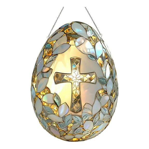 2D Easter Suncatcher Hanging Ornament 8.07x5.75 Inch Easter Egg Shaped Window Suncatcher with Cross Pattern Stained Glass Garden Decoration for Window Wall Door